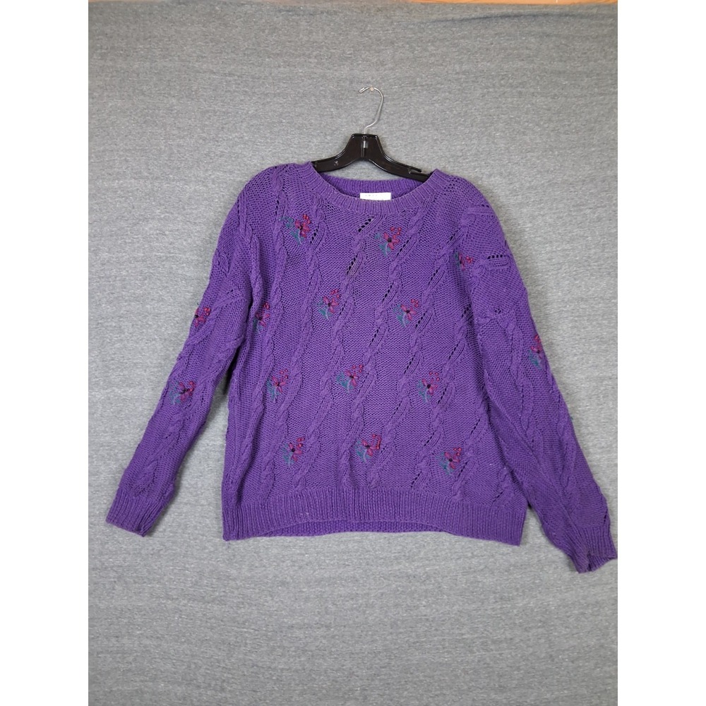 Cambridge Womens Sweater Large Purple Knit Embroidered‎ Floral Berry Vintage